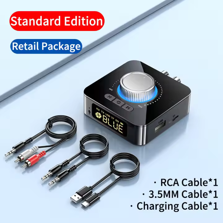 Receptor transmisor de Audio con Bluetooth, pantalla LED de M5, 3,5mm, AUX, R/L, RCA, TF/u-disk, adaptador inalámbrico estéreo, Control IR con micrófono - 1