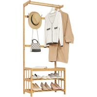 Perchero de pie con zapatero recibidor con 5 perchas, 2 estantes, estantería para pasillo, mueble de entrada de bambú, 168 x 70 x 35 cm, natural. - details 1