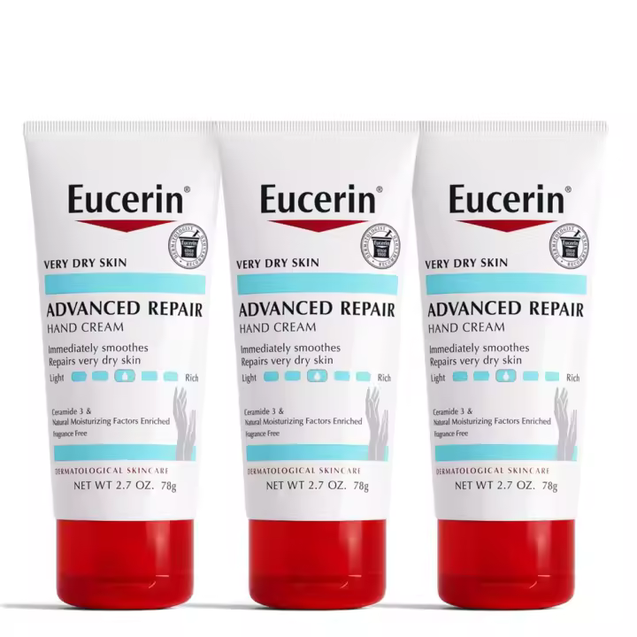Eucerin Advanced Repair Cream, loción de manos sin fragancia para pieles secas, tubo de 2,7 oz, paquete de 3 - 1