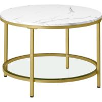 Centro, Mesita de Salón, de Mármol de Imitación Redonda, Estante de Vidrio Templado, Montaje Fácil, Estilo Moderno, Blanco Mármol y Dorado Claro LCT072W59 - details 0