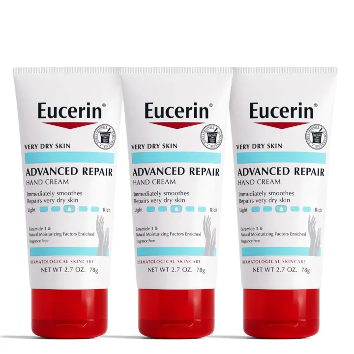 Eucerin Advanced Repair Cream, loción de manos sin fragancia para pieles secas, tubo de 2,7 oz, paquete de 3 - 1