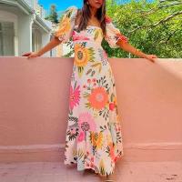 Vestido Maxi de Verano para Mujer Manga Corta, Cuello Cuadrado, Estilo Ple Pleito, Impresión Acolchado, Delgado, Perfecto para Fiestas y Vacaciones - details 8