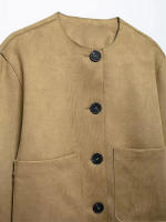 TRAFZA-Chaqueta elegante con efecto de textura de gamuza para mujer, abotonado Chaqueta con bolsillo, cuello redondo, Retro, a la moda - details 3