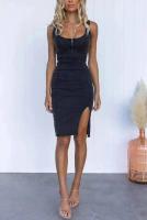 BUNO-Falda de longitud media para mujer, cuello en forma de U, informal, holgada, cintura media, de un paso Vestido vaquero, verano, 2025, novedad verde para 2024 Vestido vaquero de manga corta con cuello halter y abertura en la perforación - details 4