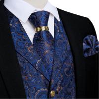 Traje de seda de cachemira azul real de lujo, conjunto de chaleco y corbata con anillo de dragón de metal, pañuelo, gemelos, chaleco de esmoquin para graduación y boda - details 4