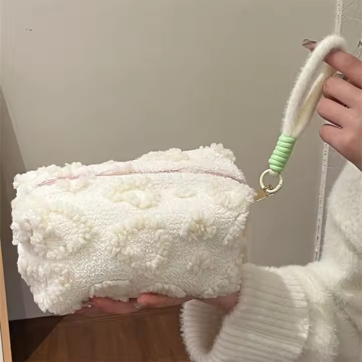 Bolsa de Maquillaje de Peluche Suave Organizador de Viajes Portátil con Asa Estampado de Amor Lindo - 1
