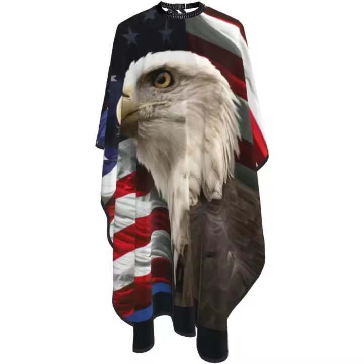 Capa de peluquero con bandera americana de águila calva, capa de corte de pelo impermeable para peluquería profesional con cierre a presión ajustable, delantal de corte de pelo para estilista y uso doméstico, 55 x 66 pulgadas - 1