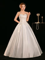 Vestido de novia de satén 2025, nuevo estilo, nupcial, pequeño, principal, francés, sin tirantes, de gama alta, hilo exterior blanco - details 3