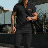 [Conjunto de polo versátil] Conjunto de polo versátil de color sólido para hombre: ropa informal para exteriores con bolsillos y pantalones cortos a juego - details 9