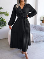 CDM Women Elegant V Neck Long Sleeve Pleated Maxi Dress - details 7