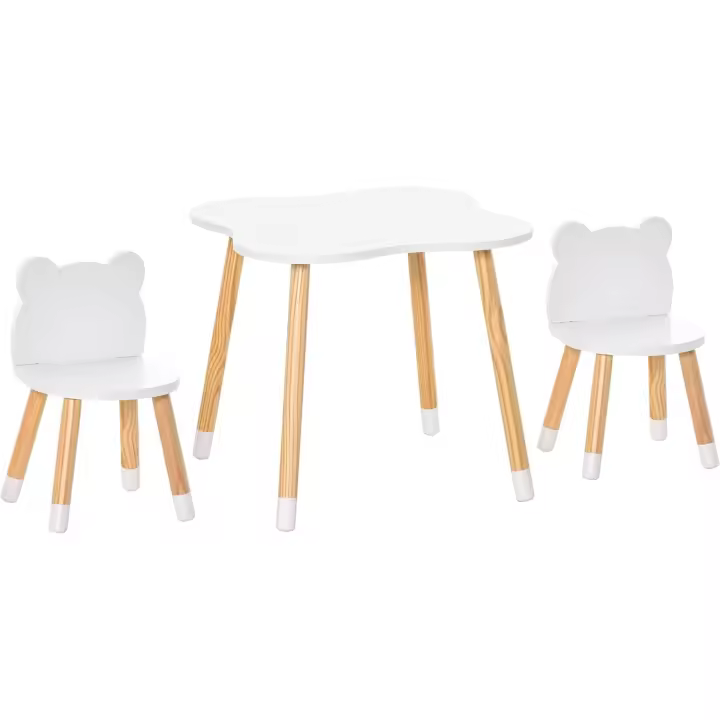 Juego de Mesa y Sillas de Madera para Niños Natural Blanco 56x56x50 cm y 28x25x46 cm - 1