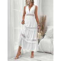 Vestido largo sexy hasta el tobillo blanco de cintura alta sin mangas con cuello en V de encaje para mujer - details 1