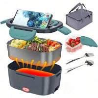 Fiambrera eléctrica 2 en 1 con calefacción para coche y hogar, 220 V, 1,5 L, 60 W, portátil, de acero inoxidable, contenedor de comida tipo bento. - details 0