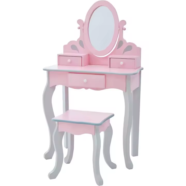 Tocador Rosa de Madera para Niños con Espejo y Taburete TD-12851A - 1