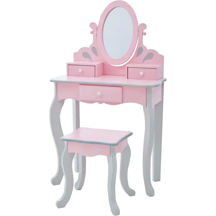 Tocador Rosa de Madera para Niños con Espejo y Taburete TD-12851A - 1