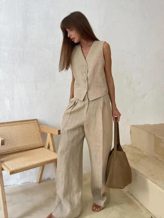 Conjunto Chic de Vestido y Pantalones de Lino-Algodón para Mujeres Moda de Verano para Oficinistas - 1