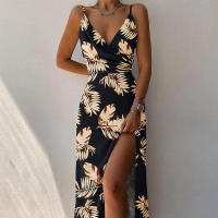 Correa de espagueti estampada para mujer V Vestido Formal de fiesta de playa Sexy con abertura lateral y cuello - details 6