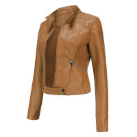Chaquetas de piel sintética para mujer, abrigo ajustado con cremallera para motocicleta, abrigo corto de PU para motorista - details 13