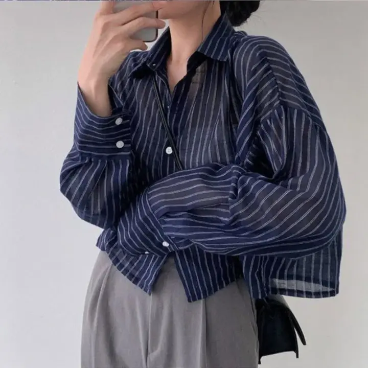 Camisa corta de gasa a rayas para mujer, Blusa de manga larga con botones, solapa que combina con todo, Top de protección solar - 1