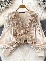 Camisas Vintage para mujer, Tops de moda americana, blusa informal holgada lisa con cuello en V, Túnica elegante de manga larga con volantes - details 1