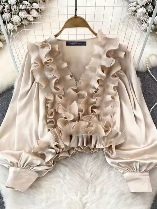 Camisas Vintage para mujer, Tops de moda americana, blusa informal holgada lisa con cuello en V, Túnica elegante de manga larga con volantes - 1
