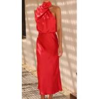 BUNO-Vestido de satén de color sólido de Europa América, sin mangas, elegante, temperamento ligero, Gala, primavera y verano, un hombro cuello alto tanque satén mujer vestido de fiesta bata con cremallera sin mangas elegante Vintage pliegues ropa de mujer - details 9