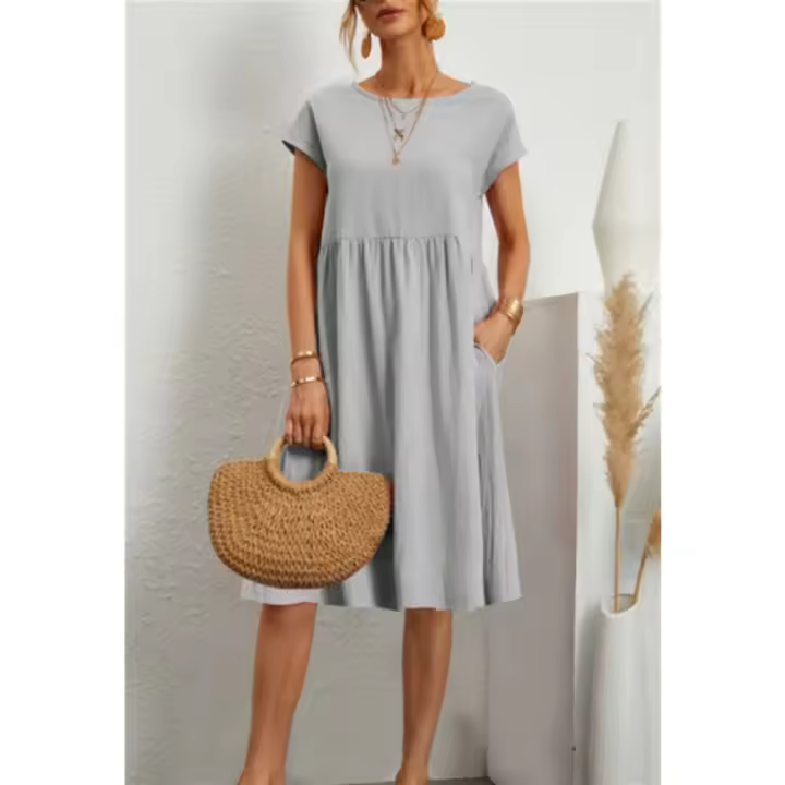 Vestido de Mujer de Moda de Verano 2025, Algodón Lino, Cuello Redondo y Corte en A. - 1