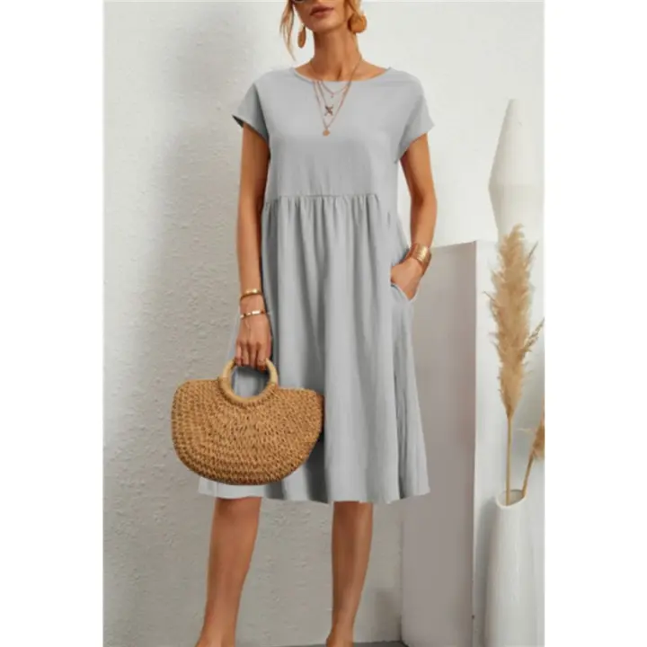 Vestido de Mujer de Moda de Verano 2025, Algodón Lino, Cuello Redondo y Corte en A. - 1
