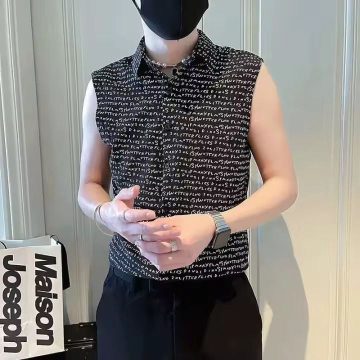 Camiseta holgada sin mangas para hombre, ropa informal con botones estampados, cuello puntiagudo, estilo Haruku, elegante y a la moda - 1