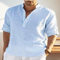 Camiseta Henley de lino y algodón para hombre, camisa de manga larga, Hippie, informal, para playa, color blanco, talla S-5XL - details 8