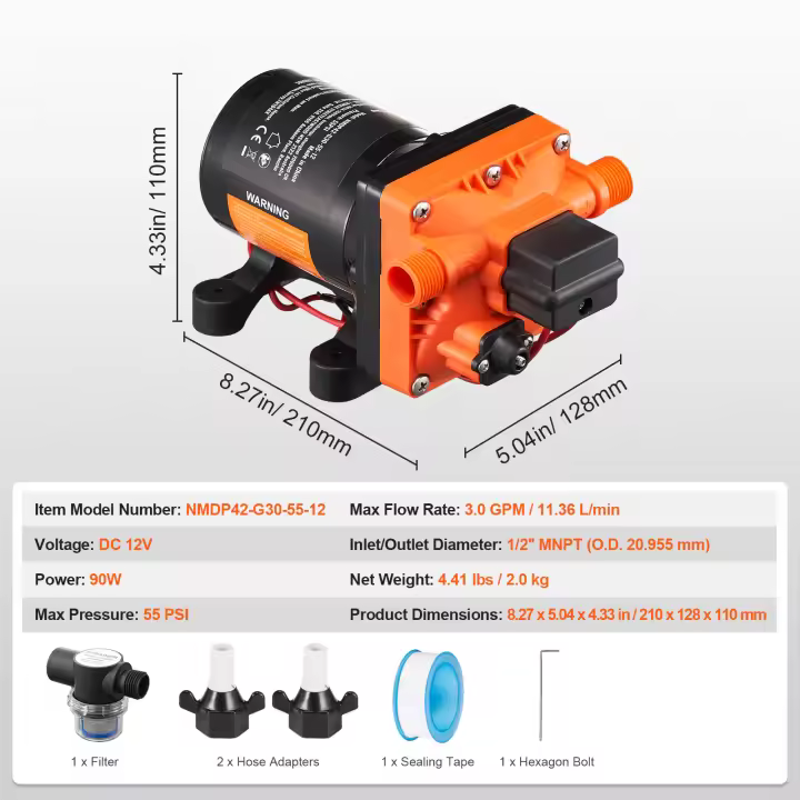 SucceBuy Bomba de diafragma de 12 V, bomba de agua de 12 V CC con presión ajustable de 40 a 100 PSI, interruptor de presión automático, puerto MNPT para RV, yate, marina, camión de alimentos, caravana - 1