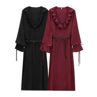 , Nueva serie de vestido de manga larga elegante apilado decorativo hasta la rodilla con cuello en V para mujer con cinturón para temperamento femenino - details 1