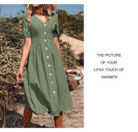 Vestido de verano de longitud media para mujer, vestido de color liso con cuello en V y manga corta - details 13