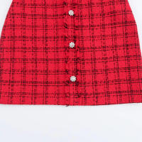 Vestido rojo d de manga larga con cuello redondo para mujer, decoración de un solo pecho, otoño - details 9