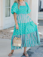 Vestido bohemio de mujer con manga abullonada, cuello cuadrado, estampado floral, vestido largo y fluido - details 4
