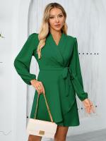 Elegante Vestido Corto para Mujer con Cuello en V Color Sólido Manga Larga - details 6