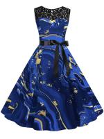 Summer elegant floral print lace women sleeveless a-line vintage midi party dress belt - details 5