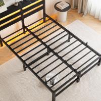 Marco de cama doble con estación de carga y luces LED, plataforma de metal resistente, marco de cama doble de 135 x 190 cm con cabecero de madera con almacenamiento, no necesita - details 7