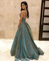 Elegante vestido de noche de fiesta para mujer, vestido largo suelto de Color sólido con tirantes y purpurina, Sexy y el - details 1