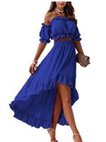 of Vestido liso con volantes para mujer, conjunto de 2 piezas con cuello inclinado, informal, elegante, para fiesta navideña, novedad de verano - details 0