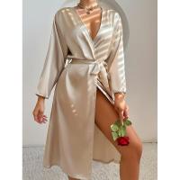 Elegante albornoz de satén para mujer, color sólido, comodidad sedosa con cinturón, ropa de dormir larga hasta la rodilla - details 14