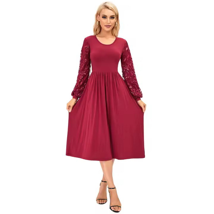 Vestido de dama de honor de manga larga con lentejuelas bordadas de color sólido, talla grande, primavera 2025, para mujeres elegantes - 1