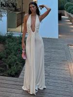 Kliou Halter fruncido mujeres Maxi vestido clásico sólido cuello bajo espalda descubierta elegante Simple bata femenina High Street Vestidos de vacaciones - details 14