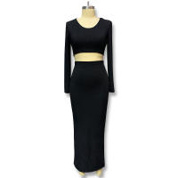 Conjunto de Vestido de Punto de Color Sólido Otoño/Invierno 2025 con Vestido Largo de Manga con Abertura y Conjunto de Dos Piezas de Camiseta. - details 9