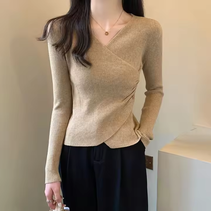Camiseta de manga larga con ranura en V para mujer, e n, ve er, bas para adolescentes en otoño a - 1