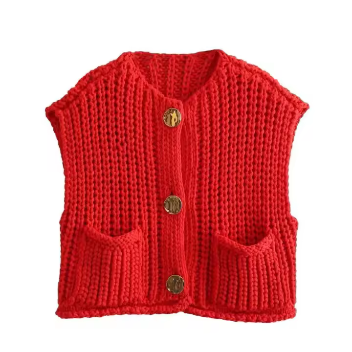 Abrigo de cintura roja Vintage para mujer, chaleco con Bolsillo grande, cárdigan de punto sin mangas, suéter suelto informal - 1