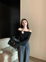 Jersey de otoño para mujer, Top Irregular con hombros descubiertos, suéter de punto negro de manga larga con base para mujer - details 11
