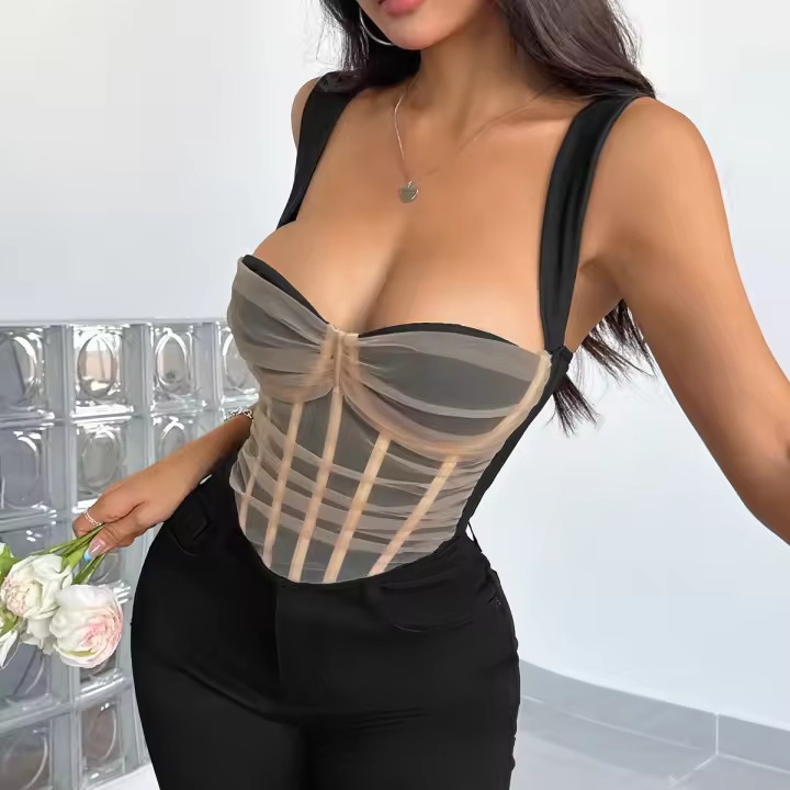 Tops de corsé con tirantes finos y malla de encaje para mujer, para una cita o salir de noche de fiesta o a un club. - 1