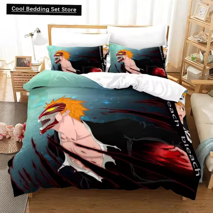 Juego de Ropa de Cama de Anime 3D Bleach Kurosaki Ichigo Funda de Almohada de Dormitorio Doble Cama Full King Adult Kids - 1