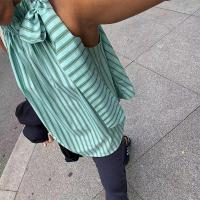 Blusa a rayas con cuello redondo para mujer, Top plisado sin mangas con cordones, camisas rectas informales elegantes a la moda - details 2